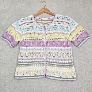 Cardigan Womens Large Purple Blue Crochet Knit Boho Cottagecore Y2K